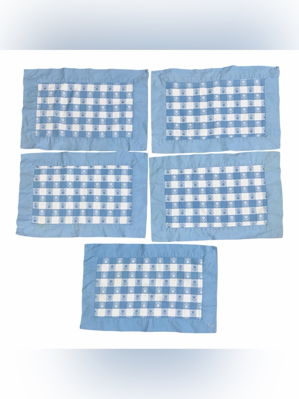 Placemats Set Of 5 Cotton Blue & White Plaid With Flowers